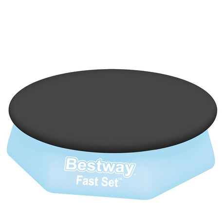 Blue round PVC pool cover sized for an 8ft above ground swimming pool.