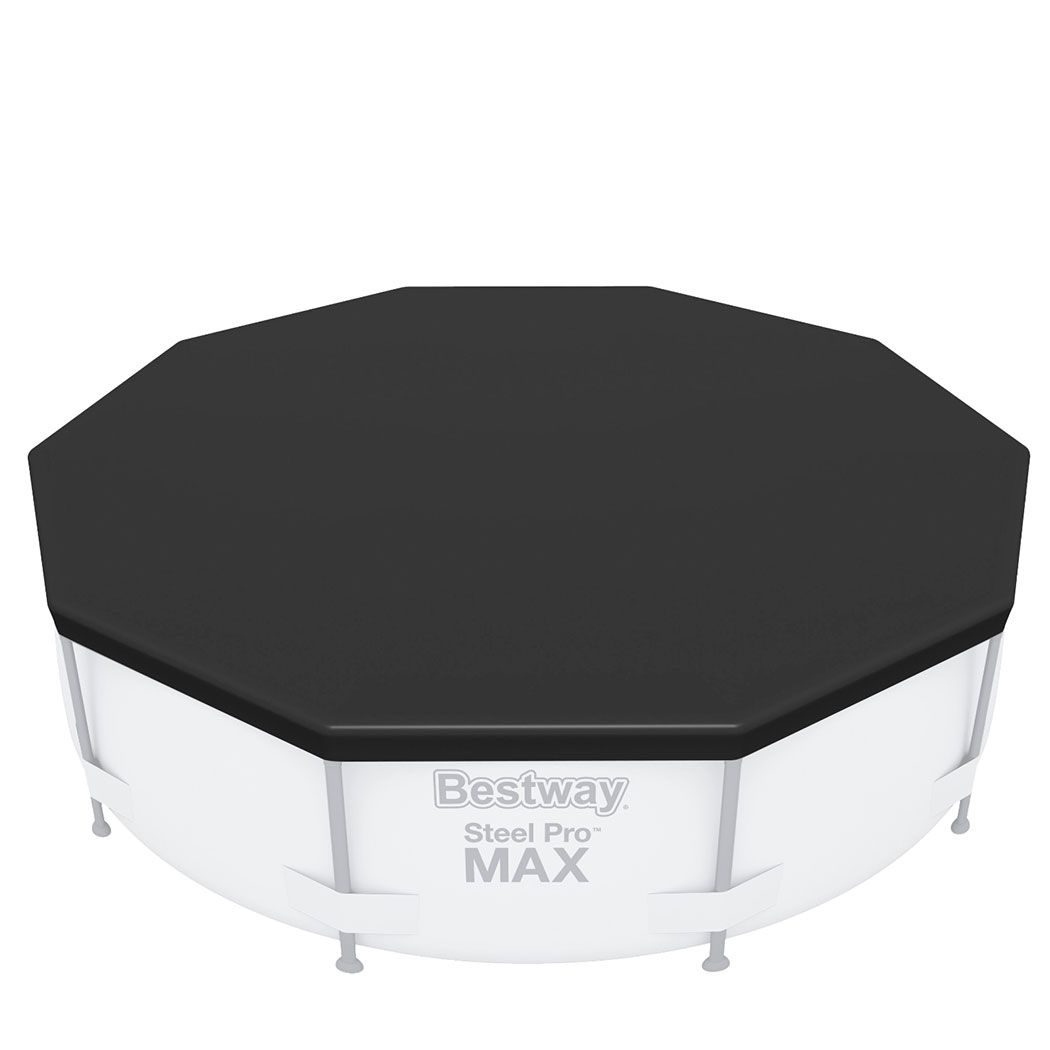 Blue round PVC pool cover sized for a 10ft above ground swimming pool.