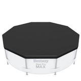 Blue round PVC pool cover sized for a 10ft above ground swimming pool.