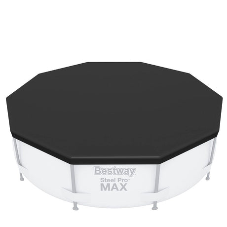 Blue round PVC pool cover sized for a 10ft above ground swimming pool.