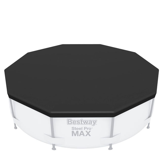 Blue round PVC pool cover sized for a 10ft above ground swimming pool.