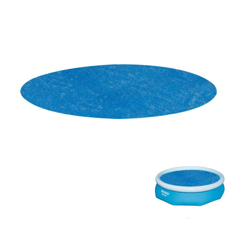 Blue round PE pool cover, 2.89 m across, with a tie-down rope.