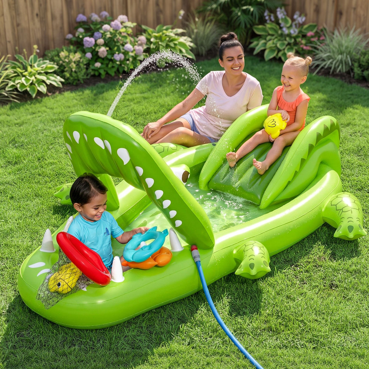 Bestway Inflatable Alligator Kids Play Pool with Slide 234cmx163cm Green