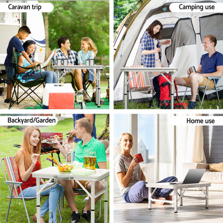 Folding camping table, with a carry handle.