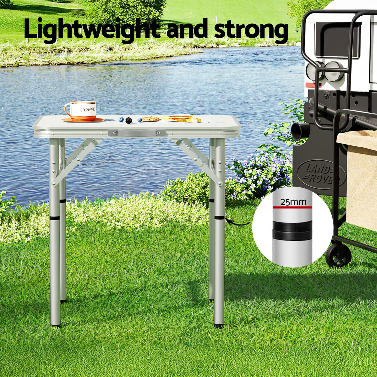 Folding camping table, with a carry handle.