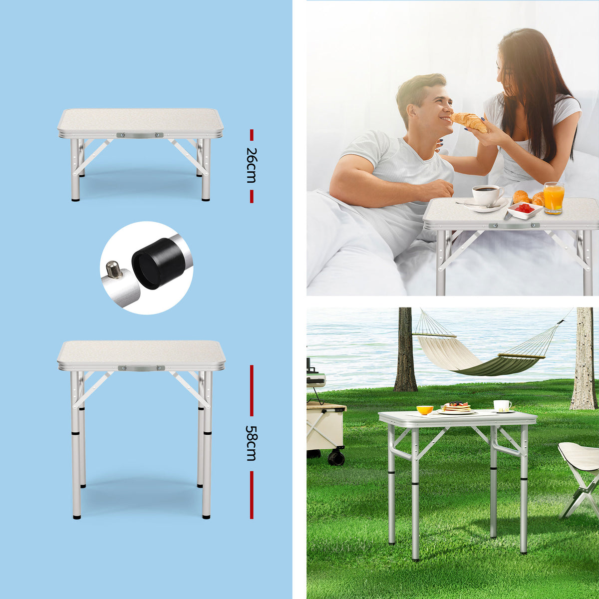 Folding camping table, with a carry handle.