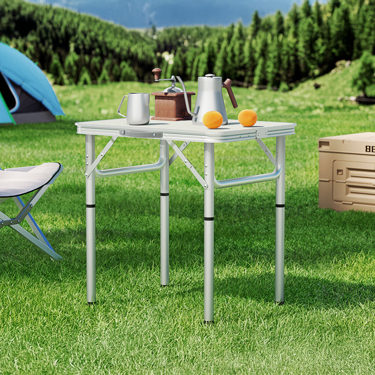 Folding camping table, with a carry handle.