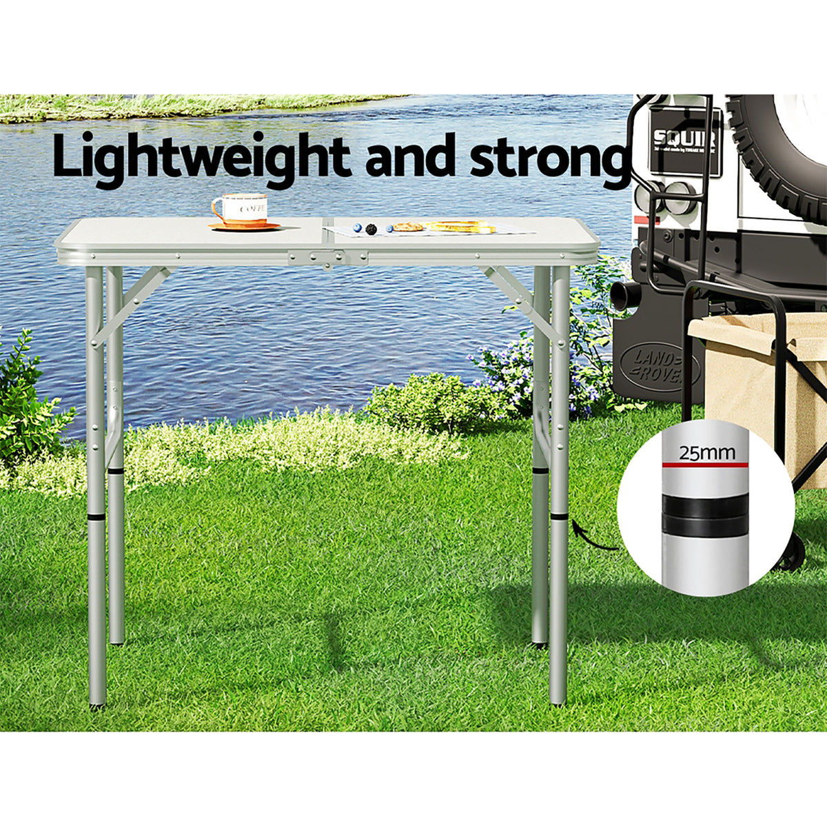 Folding camping table, with a carry handle.
