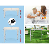 Folding camping table, with a carry handle.