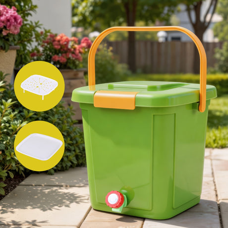 Green caddy drain tap, 15L, with a carry handle.