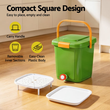 Green caddy drain tap, 15L, with a carry handle.