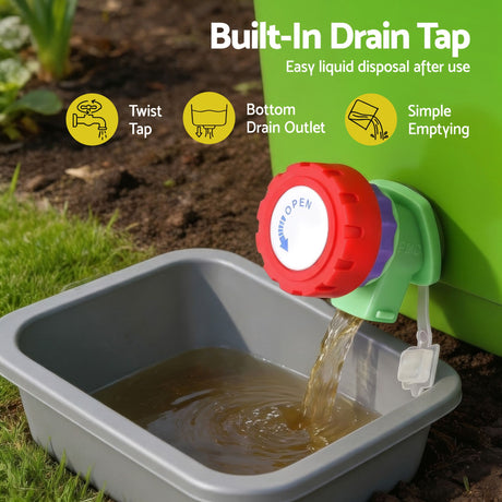 Green caddy drain tap, 20L, with a carry handle.