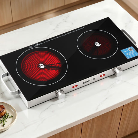 Devanti Portable Ceramic Cooktop Dual Burner Electric Hot Plate 2800W Black - Shoppers Spot Appliances > Kitchen Appliances > Cooktops & Stoves