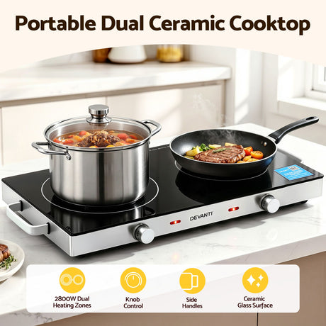 Devanti Portable Ceramic Cooktop Dual Burner Electric Hot Plate 2800W Black - Shoppers Spot Appliances > Kitchen Appliances > Cooktops & Stoves - Alternate view 4