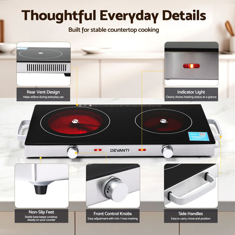 Devanti Portable Ceramic Cooktop Dual Burner Electric Hot Plate 2800W Black - Shoppers Spot Appliances > Kitchen Appliances > Cooktops & Stoves - Alternate view 5