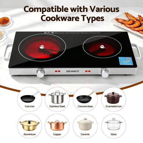 Devanti Portable Ceramic Cooktop Dual Burner Electric Hot Plate 2800W Black - Shoppers Spot Appliances > Kitchen Appliances > Cooktops & Stoves - Alternate view 8