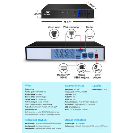 UL-tech CCTV Security System 8CH DVR 4 Cameras 1080p