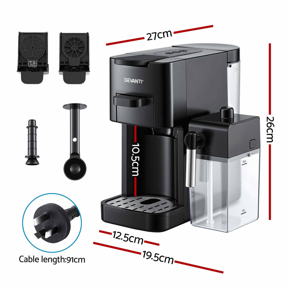 Devanti Capsule Coffee Pod Machine with Milk Frother, Black.