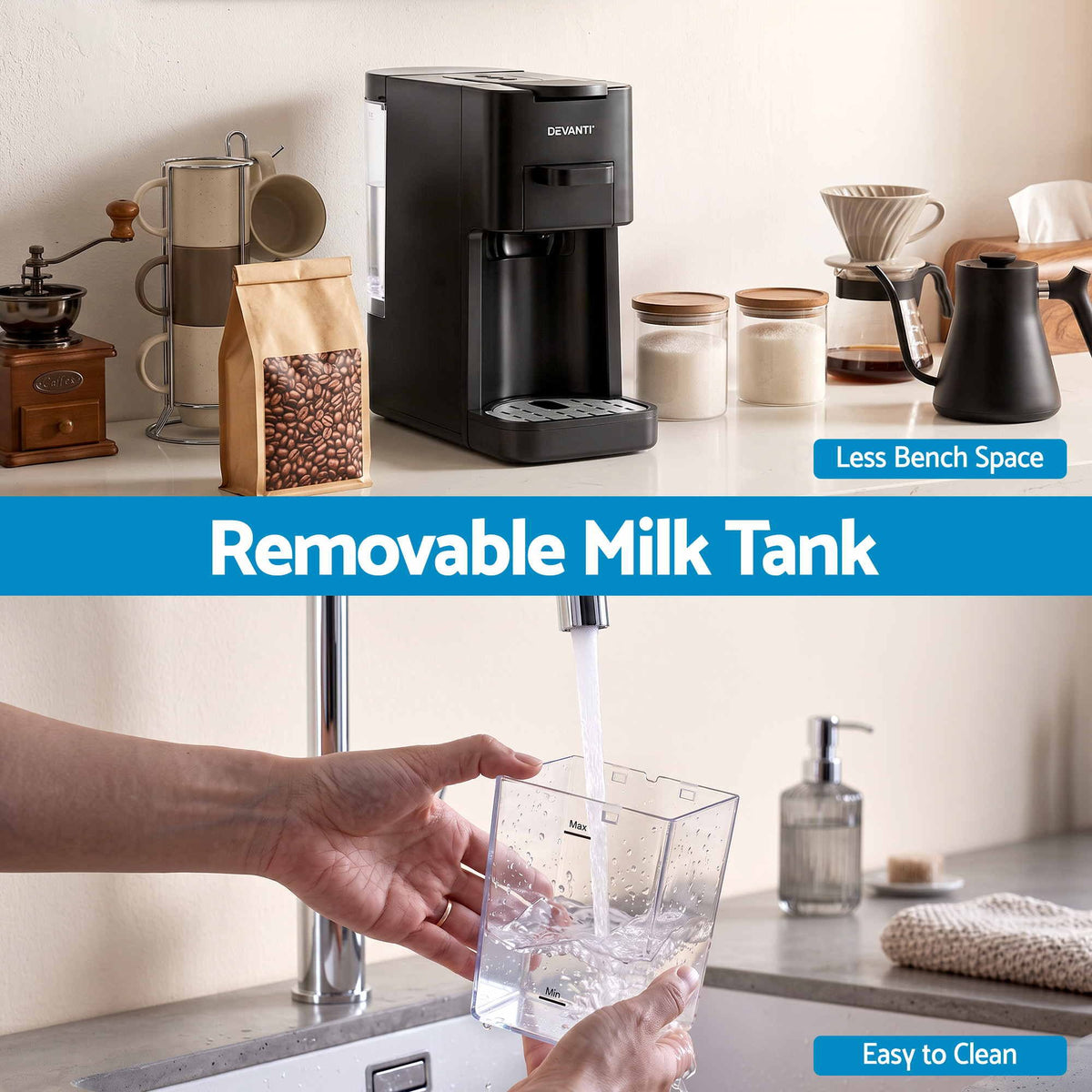 Devanti Capsule Coffee Pod Machine with Milk Frother, Black.