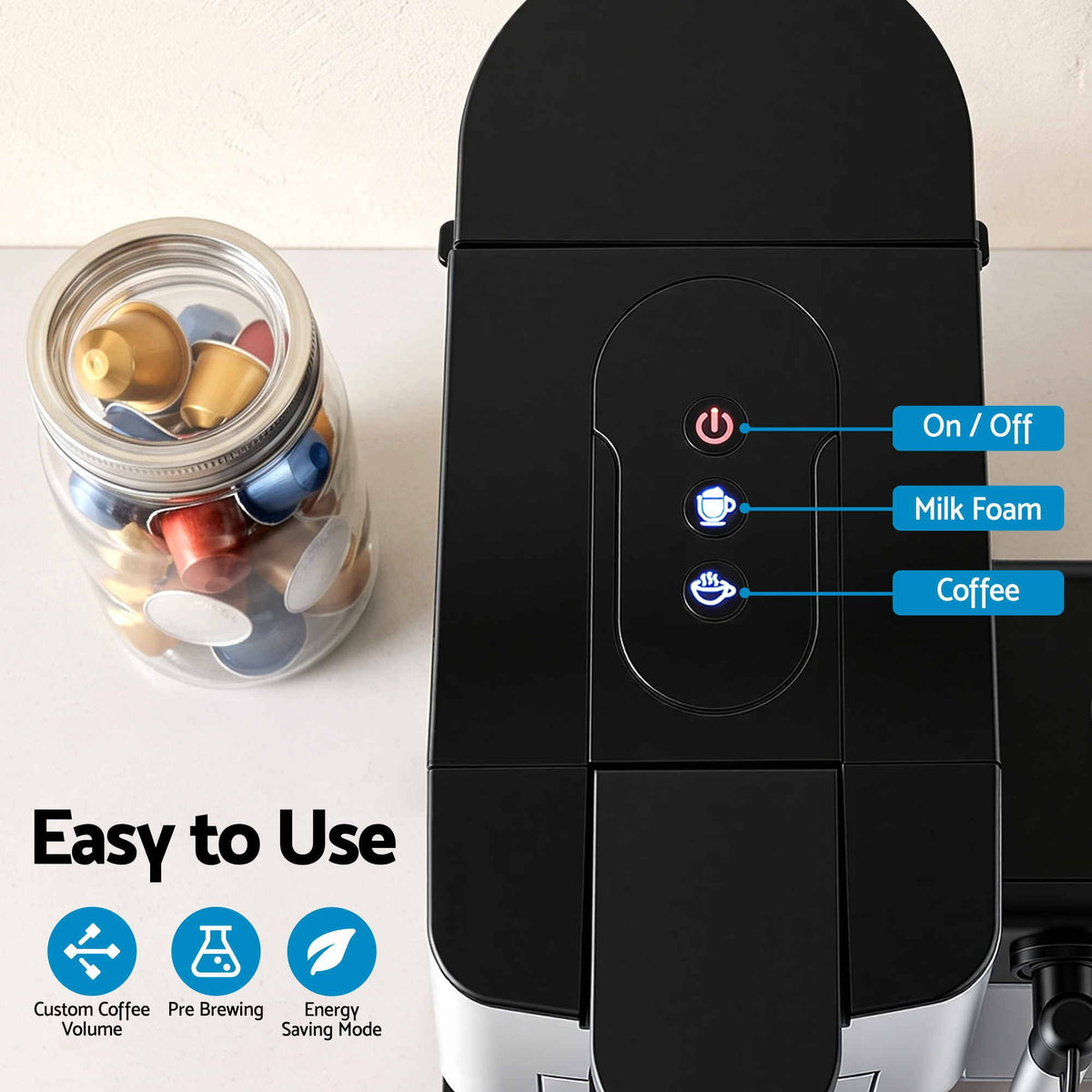 Devanti Capsule Coffee Pod Machine with Milk Frother, Black.