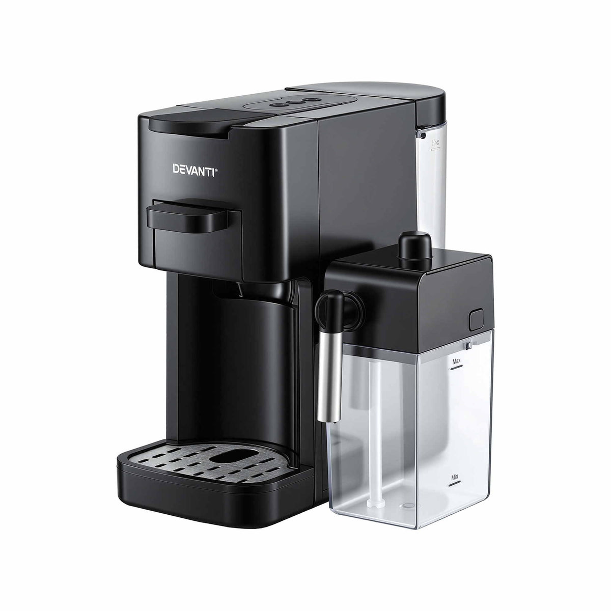 Devanti Capsule Coffee Pod Machine with Milk Frother, Black.