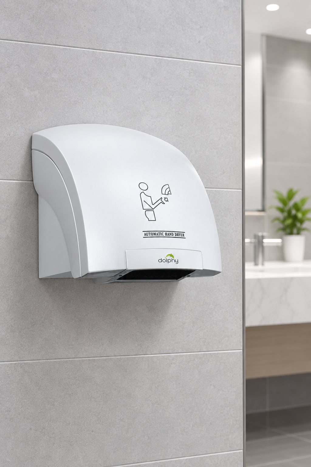 Dolphy Eco touchless hand dryer, white, wall mounted in a washroom