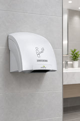 Dolphy Eco touchless hand dryer, white, wall mounted in a washroom