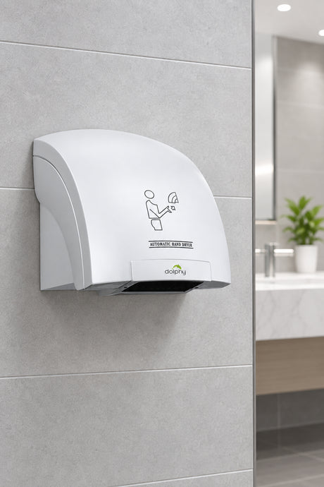 Dolphy Eco touchless hand dryer, white, wall mounted in a washroom