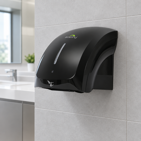 Dolphy Eco Pro hand dryer, black, mounted in a washroom