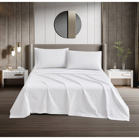 Dolphy Linen 50/50 Polycotton 10mm Satin Stripe White Commercial Sheet Set
