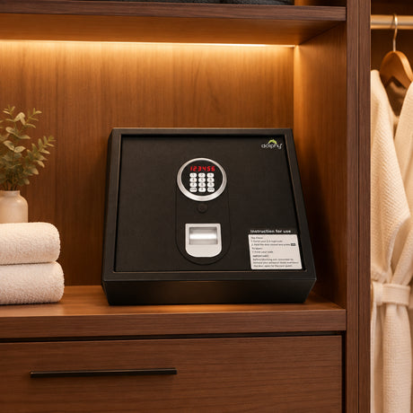 Dolphy top-opening digital safe, black, on a hotel wardrobe shelf