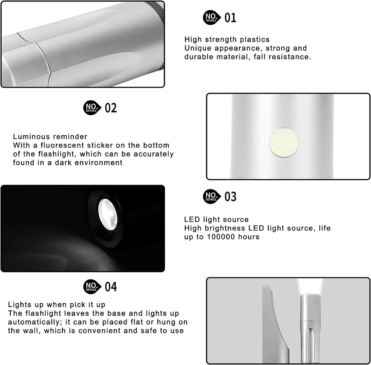 Dolphy Anti-Theft ABS Wall-Mounted Emergency Torch – Silver, Energy-Efficient LED, Secure Wall or Drawer Mount for Hotels and Offices