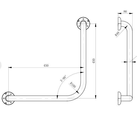 Dolphy 90 Ambulant Grab Rail 450x450mm – Stainless Steel Wall Support Bar for Bathrooms – Silver