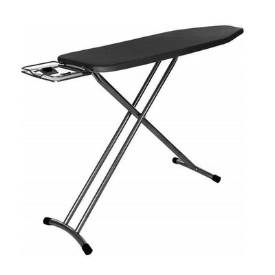 Black steel foldable ironing board, 92x30 cm, height adjustable.