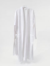White waffle bathrobe in poly cotton with kimono collar and self belt