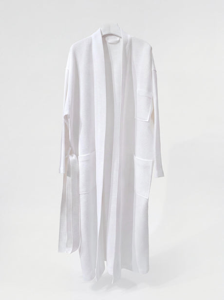 White waffle bathrobe in poly cotton with kimono collar and self belt