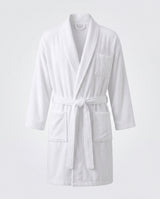 White plush microfibre bathrobe with kimono collar and self belt