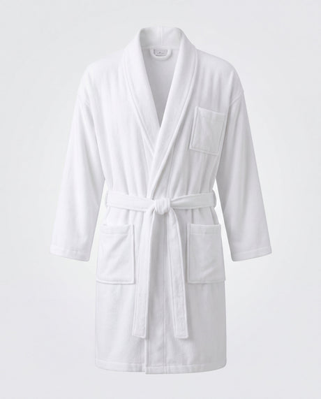 White plush microfibre bathrobe with kimono collar and self belt