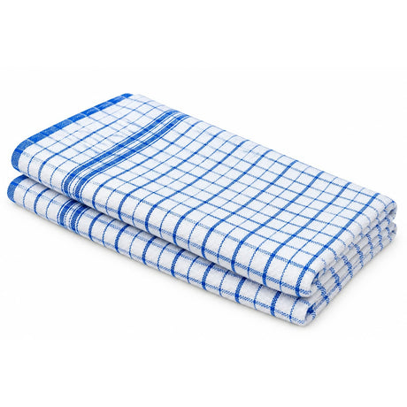 Dolphy Linen blue check cotton tea towels, folded