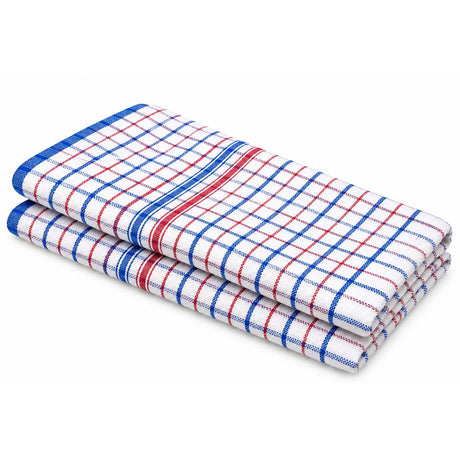 Dolphy Linen blue and red check cotton tea towels, folded