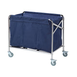 Silver stainless steel foldable linen trolley.