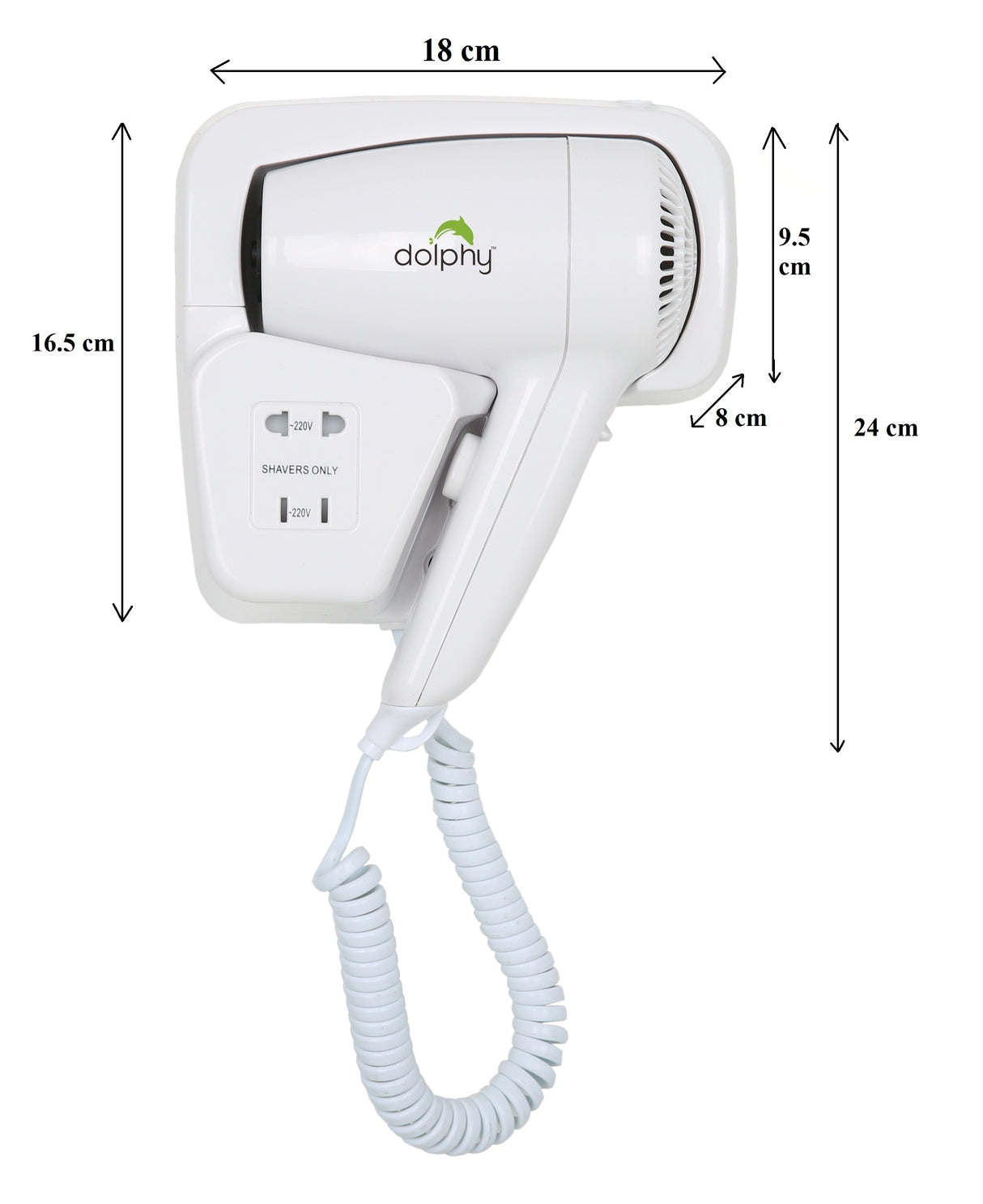 Dolphy Low Noise Wall Mounted Hair Dryer 1200W – White ABS Plastic, Quiet Operation, Dual Voltage Shaver Socket