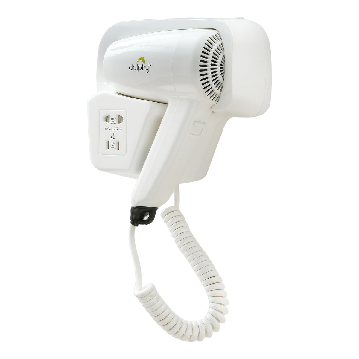 Dolphy Low Noise Wall Mounted Hair Dryer 1200W – White ABS Plastic, Quiet Operation, Dual Voltage Shaver Socket