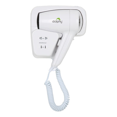 Dolphy Low Noise Wall Mounted Hair Dryer 1200W – White ABS Plastic, Quiet Operation, Dual Voltage Shaver Socket