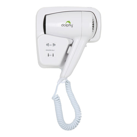 Dolphy Low Noise Wall Mounted Hair Dryer 1200W – White ABS Plastic, Quiet Operation, Dual Voltage Shaver Socket