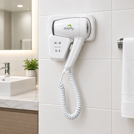 Dolphy wall-mounted hair dryer, white, in a hotel bathroom