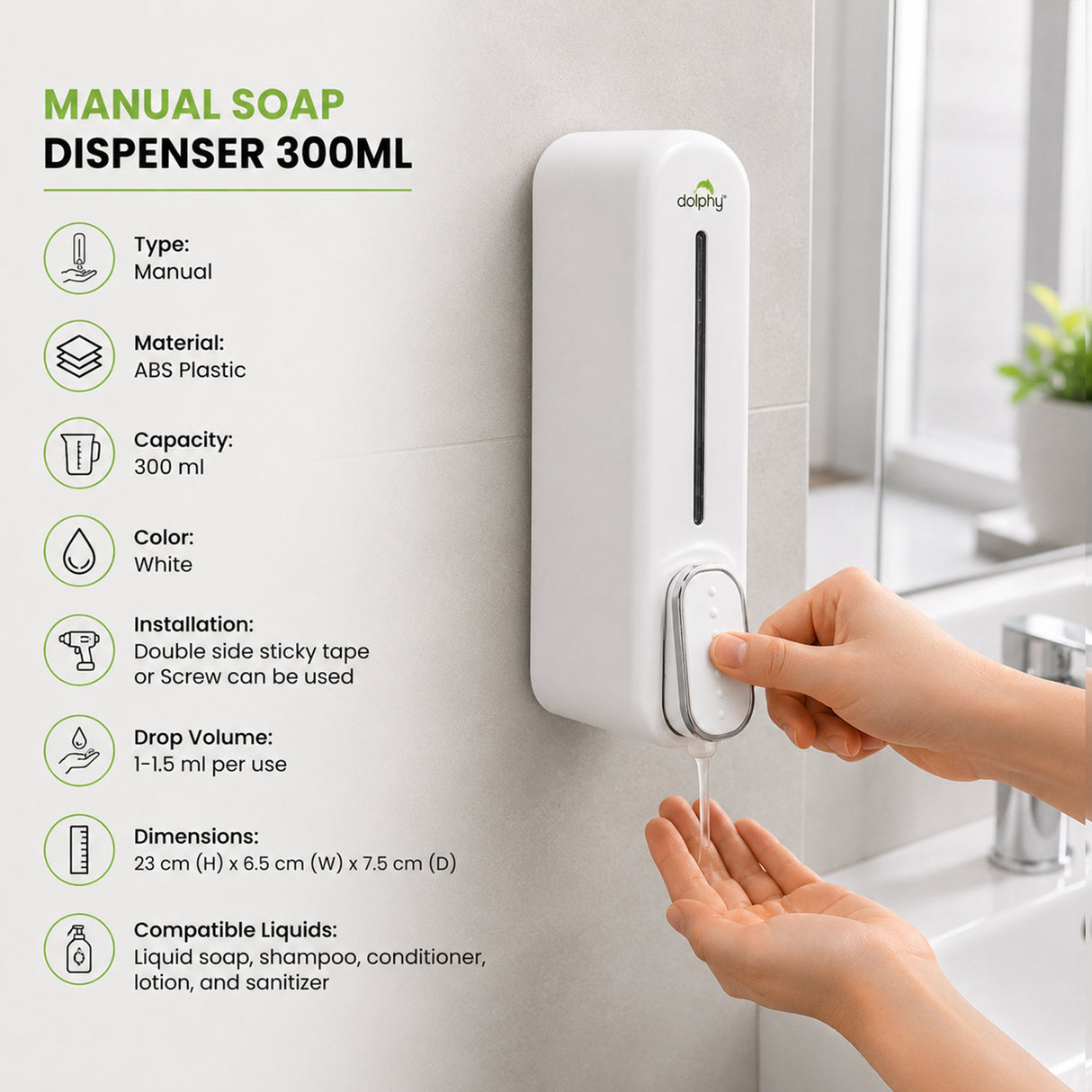 Dolphy 300ml Wall Mount Soap Dispenser – White ABS Plastic, Manual Push, Refillable for Liquid Soap, Sanitiser, Lotion