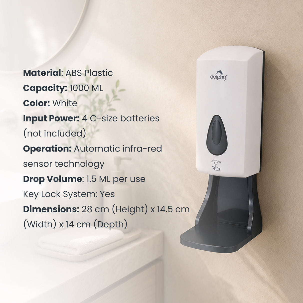 Dolphy Automatic Soap & Sanitiser Dispenser with Drip Tray 1000ml – White ABS, Touch-Free Infrared Sensor, Refillable & Hygienic Design for Commercial & Residential Use