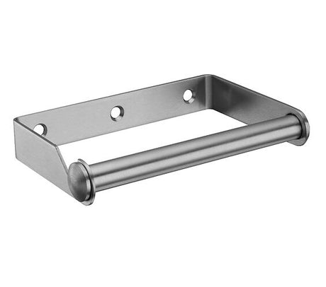 Silver stainless steel wall mount toilet roll holder.