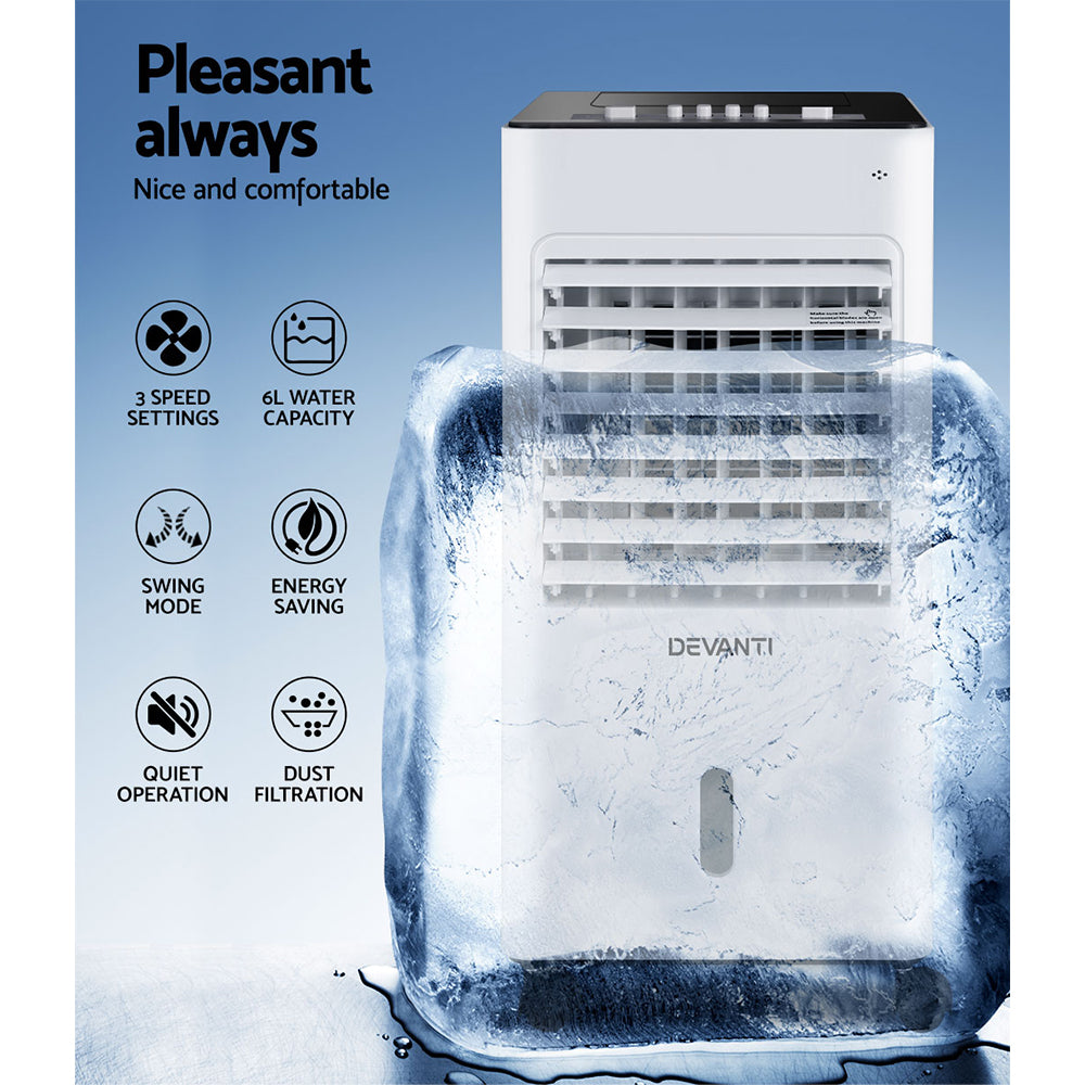 Devanti 6L evaporative air cooler, black and white